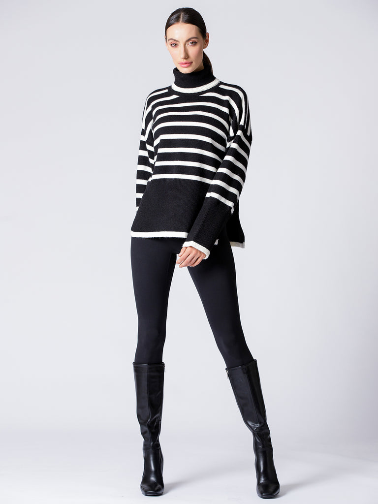 RELAXED STRIPED TURTLENECK SWEATER, BLACK/WHITE