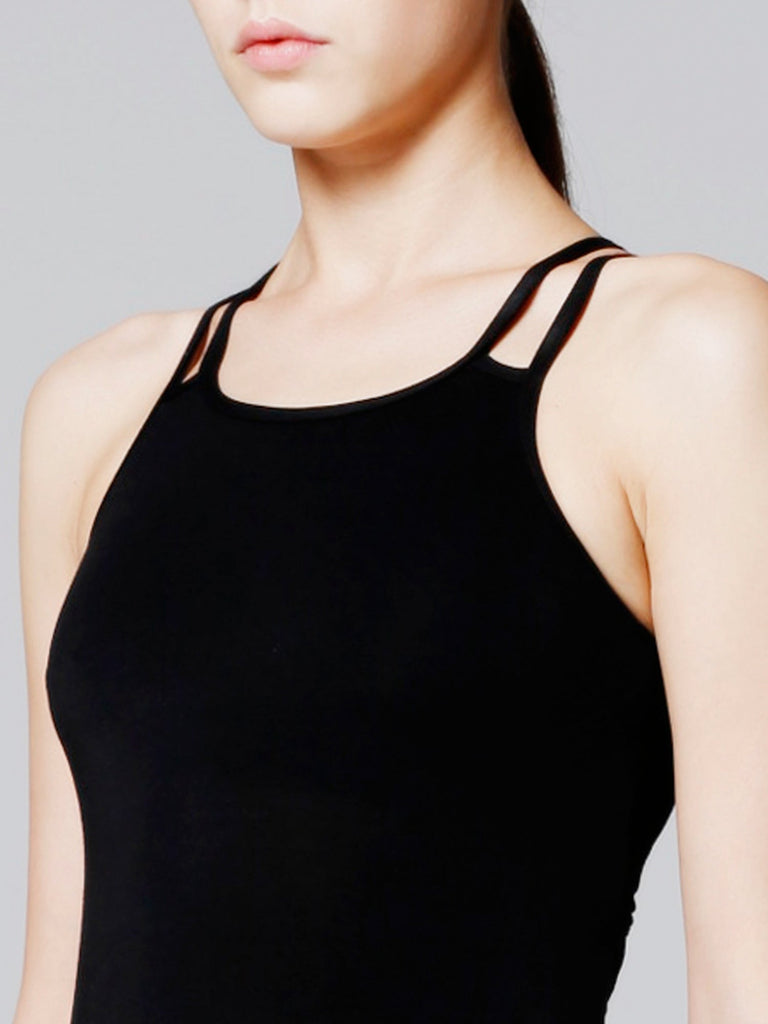 OPEN BACK FITTED CAMI DRESS WITH BRA, BLACK