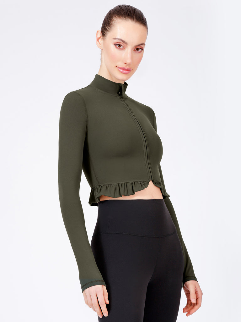 CROPPED RUFFLES JACKET, DARK GREEN