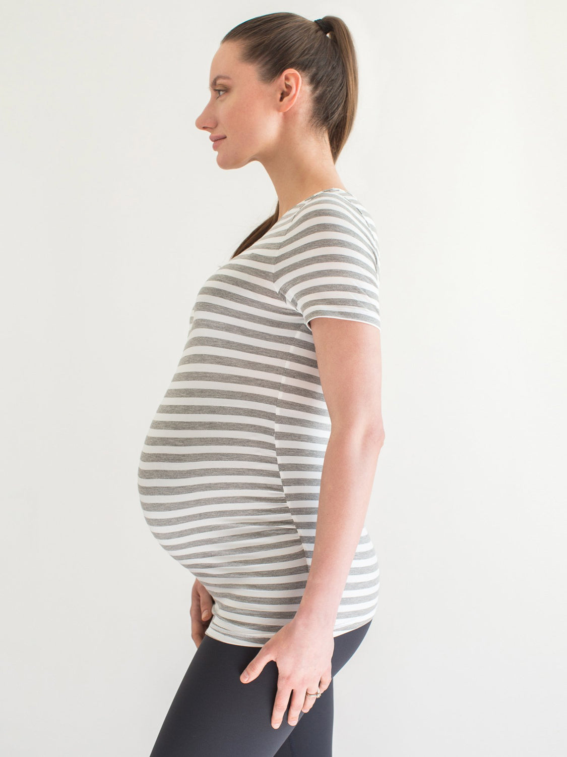 MATERNITY SOFT STRETCH SHORT SLEEVE TEE, LIGHT HEATHER GREY STRIPE