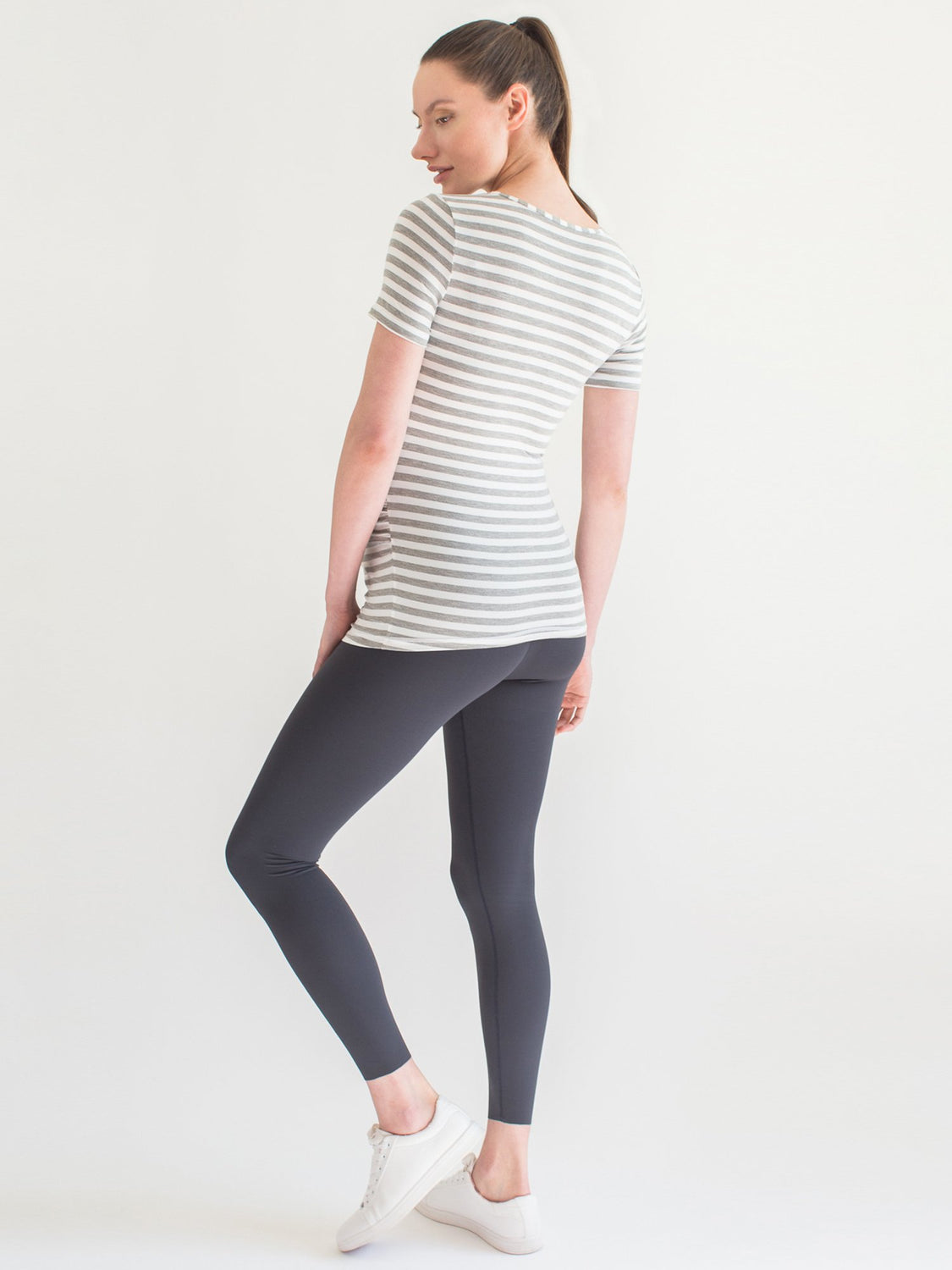 MATERNITY SOFT STRETCH SHORT SLEEVE TEE, LIGHT HEATHER GREY STRIPE