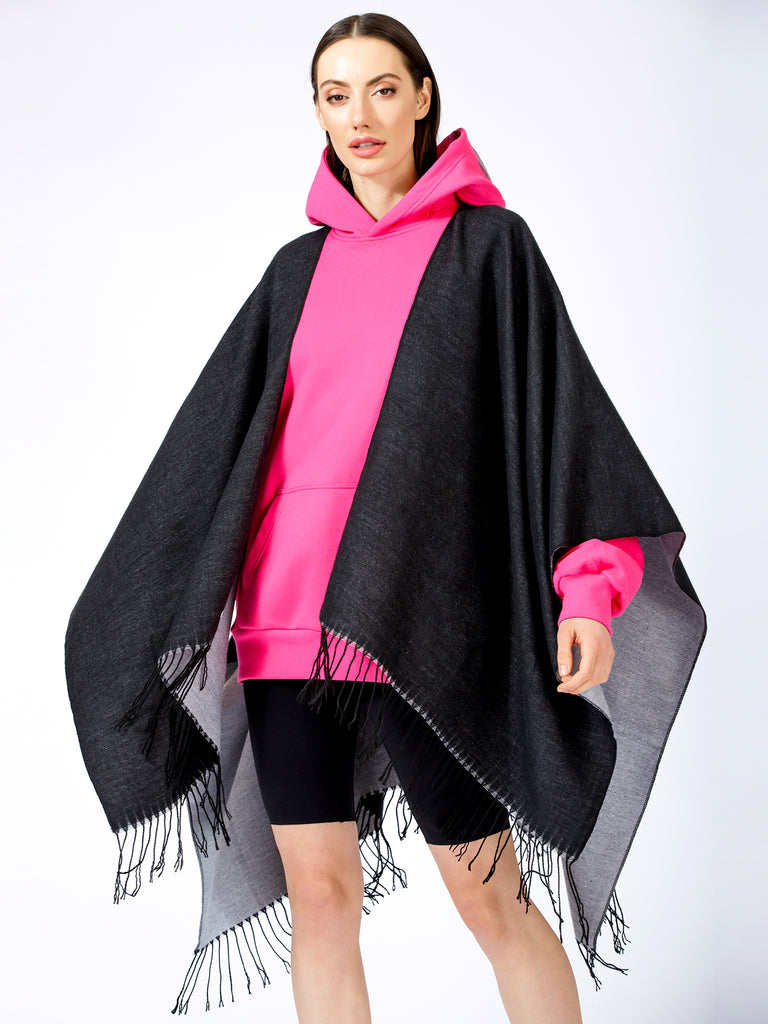 FREESTYLE FRINGED WRAP CAPE, BLACK