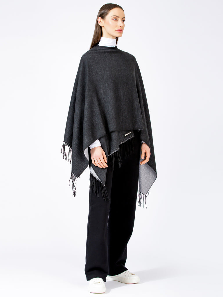 FREESTYLE FRINGED WRAP CAPE, BLACK