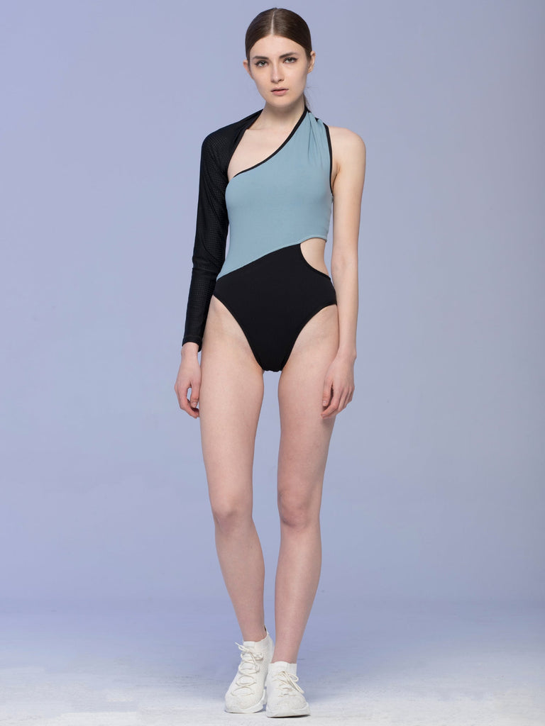 STRAIT BODYSUIT, STORM/PERFORATED MESH